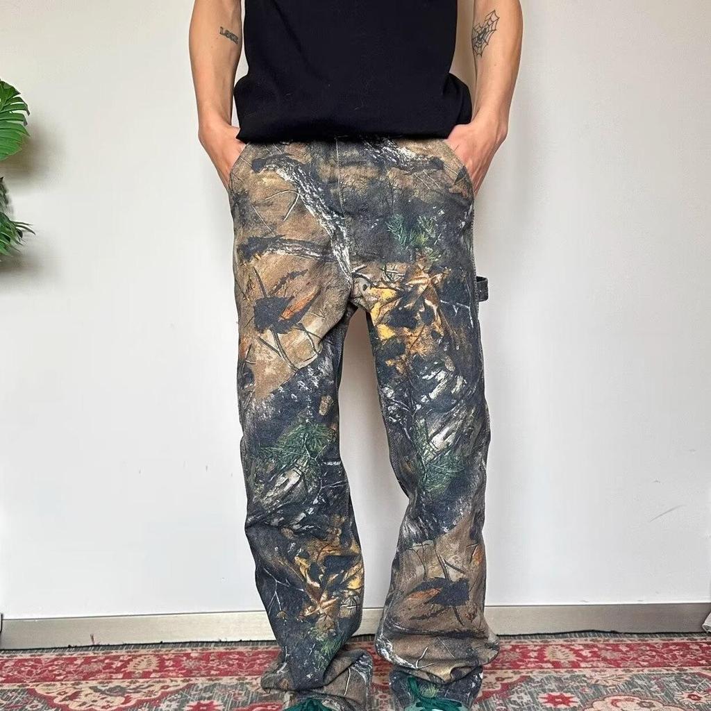 Retro American Branch Camouflage Graffiti Jeans Men's Style Niche Design Versatile Straight Logging Trousers