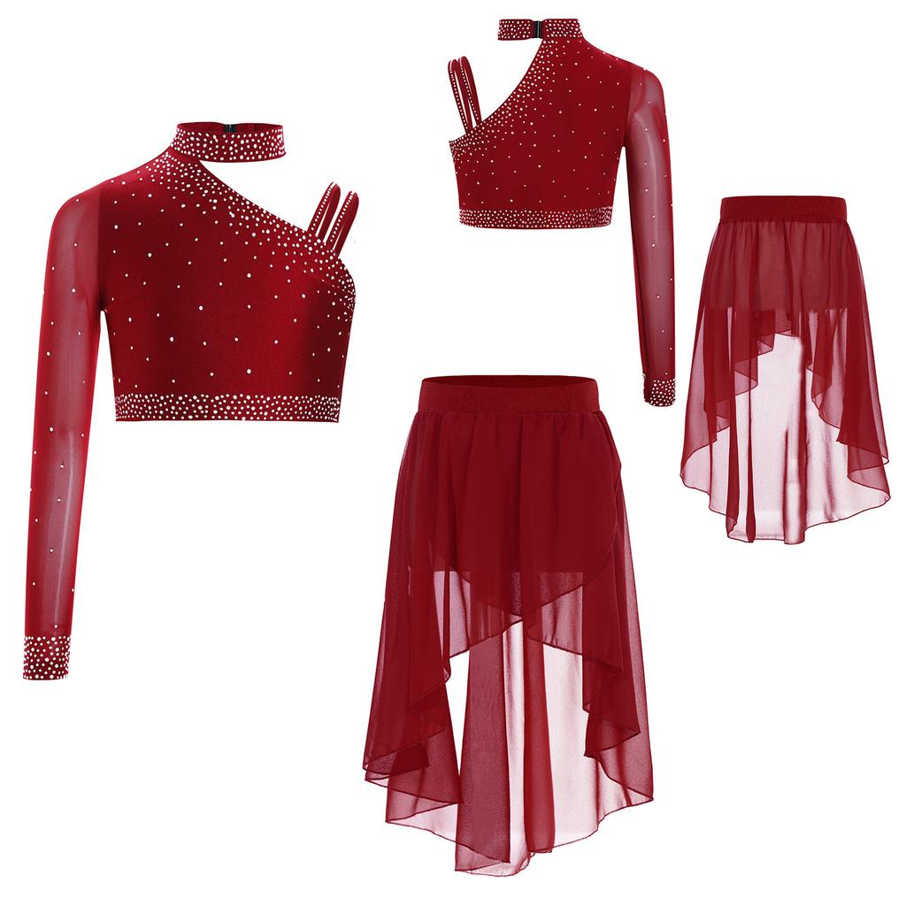 Girls Dance Costume Set Sparkly Rhinestones Crop Top with High-Low Chiffon Skirt