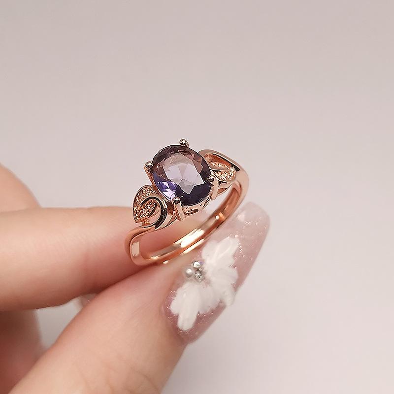

Temperament Retro Vine Man Powder Crystal Ring Female Leaf Edge Purple Stone Opening Adjustable Color Treasure opening adjustable