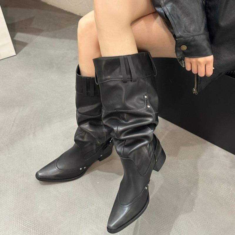 Fashion New Popular Shoes for Women  Knee High Boots Red Black White Tall Boots Woman Pleated Low Heel Casual Leather Female Long Shoes