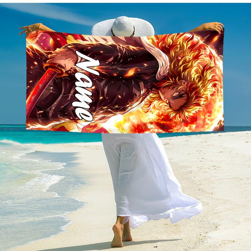 Personalized customized proof beach towel with Demon Slayer character theme pattern - soft, absorbent, quick-drying, perfect swimming, camping&bathing
