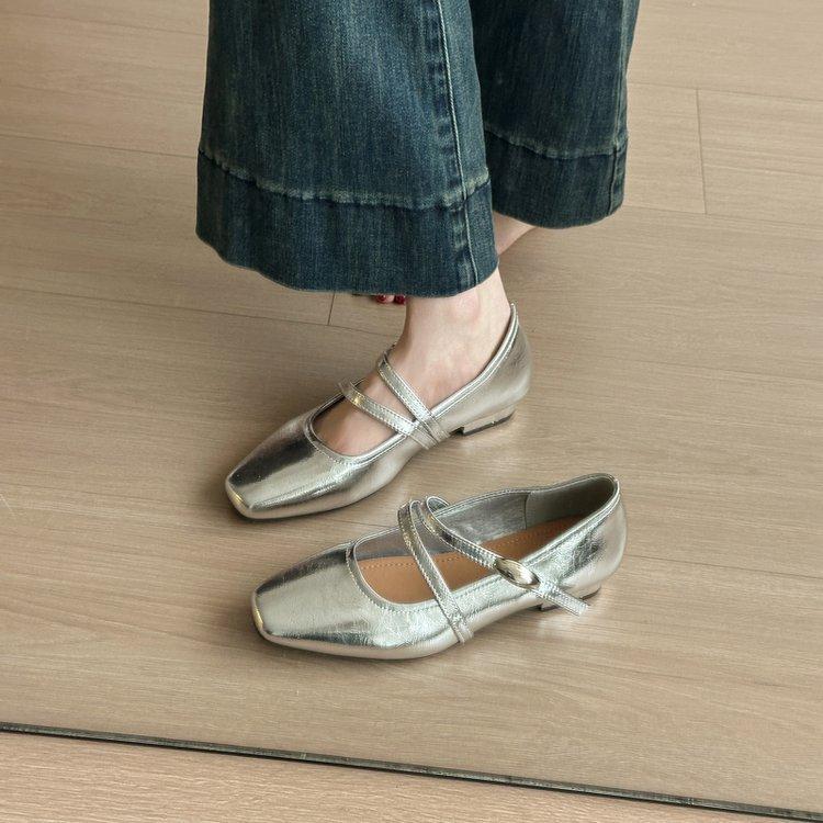 

Square head Mary Jane shoes light mouth thick heel flat bottom small leather shoes evening gentle single shoes 39 срібний