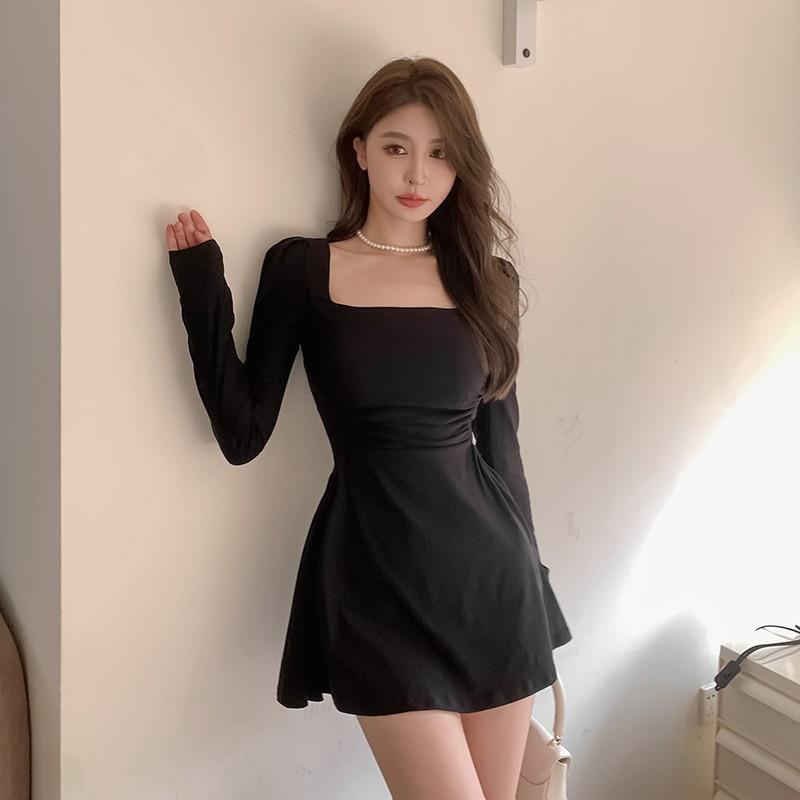 Spring and Autumn French Square Neck White Long Sleeve Dress Women's Clothing Waist Skinny Stunning Temperament A-word Long Dress Women