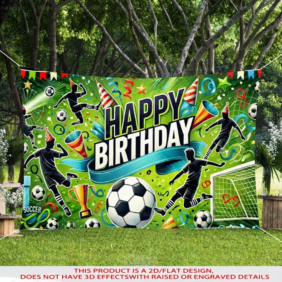 1pc 2D Flat Soccer Theme Birthday Backdrop Banner Soccer Elements Birthday Decorative Banner For Garden Patio Indoor Outdoor Scene Decor