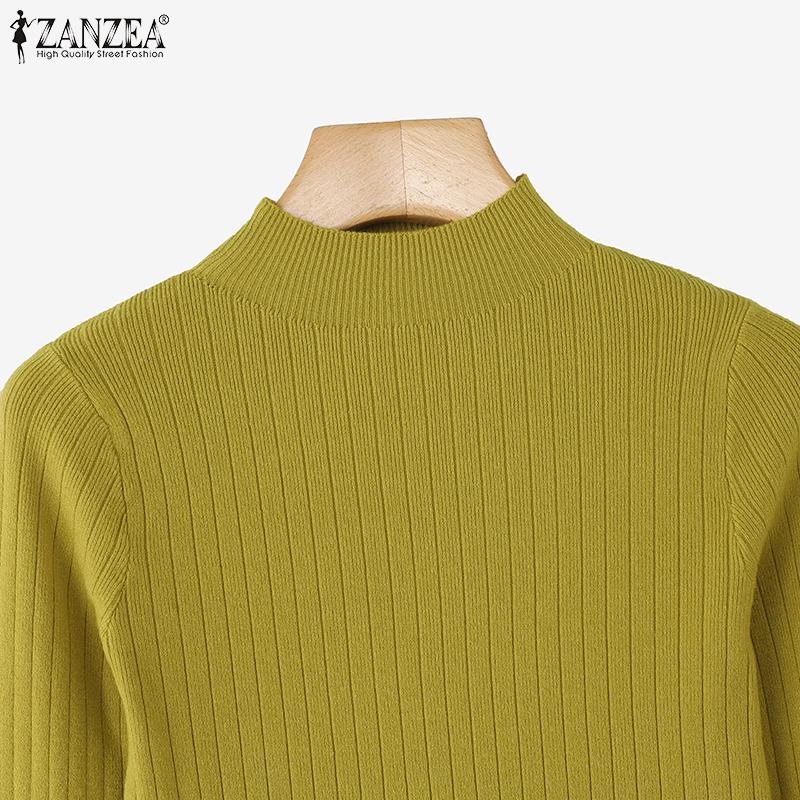 ZANZEA Autumn Spring Women Mockneck Long Sleeve Stretch Rib Knitted Sweater Undershirts