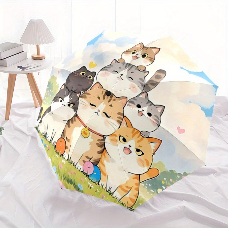 1pc Seven Happy Cats Automatic Opening and Closing Umbrella, Lightweight 3-Fold, With Cute Cartoon Characters, Suitable for Home, Outdoor and Dai