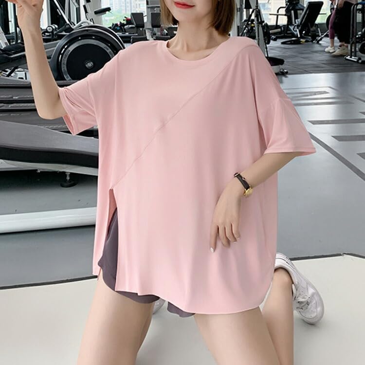 DAYCLOSET Yoga Short Sleeve Long Loose Yoga124 Women's Top, T-Shirt, Flattering, Length, Fit, Thin, Oversized, (2XL, Pink)