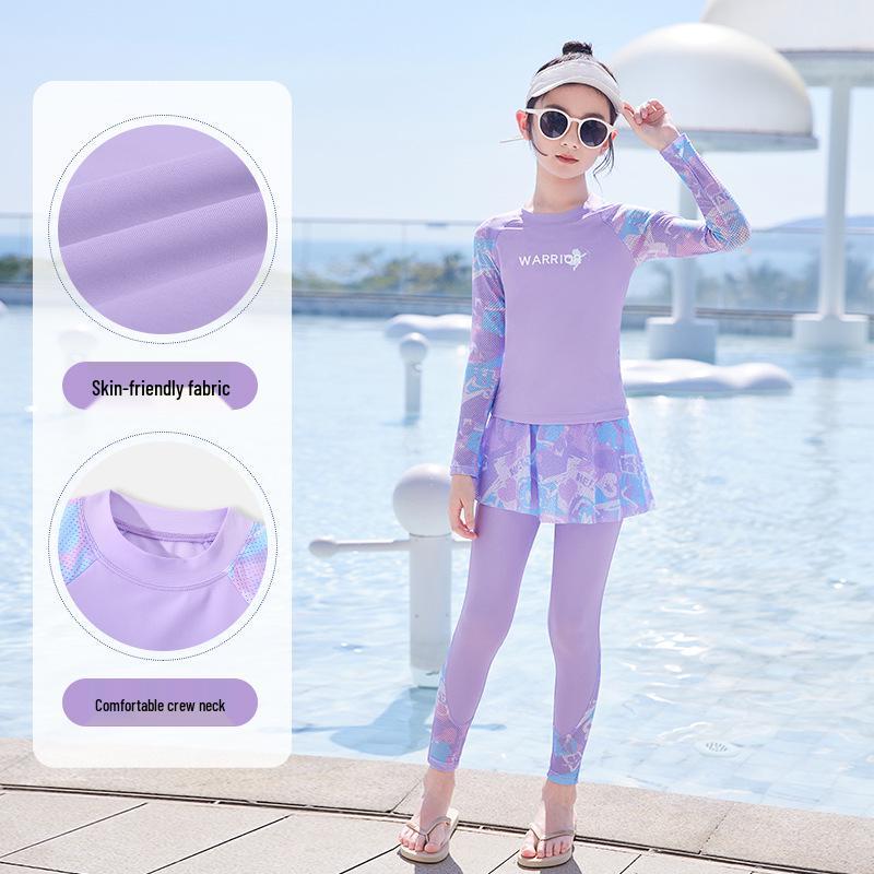 HuiLi 2025 Girls' Long-Sleeve Two-Piece Swimsuit Set for Middle School Students