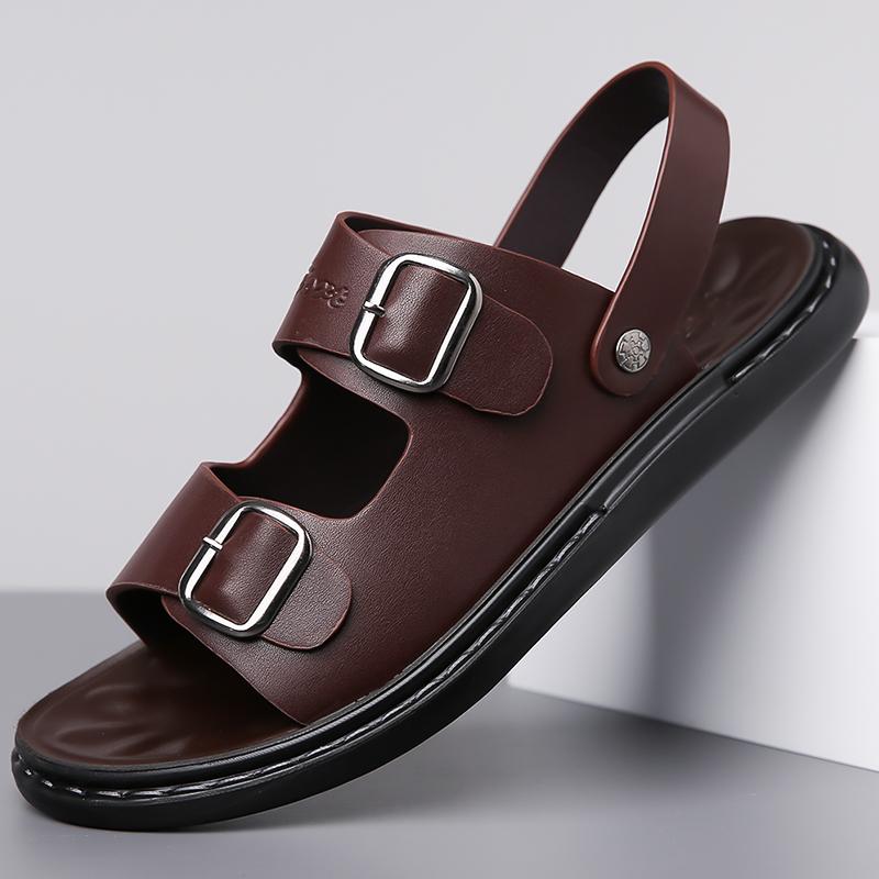 Fashion High Quality Men Comfortable Soft Sole Two-layer Leather Buckle Slippers Fashionable Summer New Outdoor Anti Slip Water Sandals
