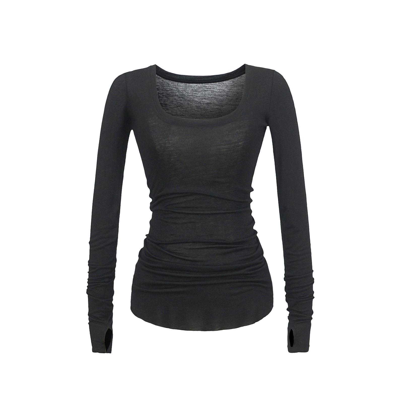 

2025 Сексуальный пикантный топ с глубоким U-образным вырезом и длинными рукавами - Микропрозрачная футболка с драпировкой, облегающая талию Medium чёрный