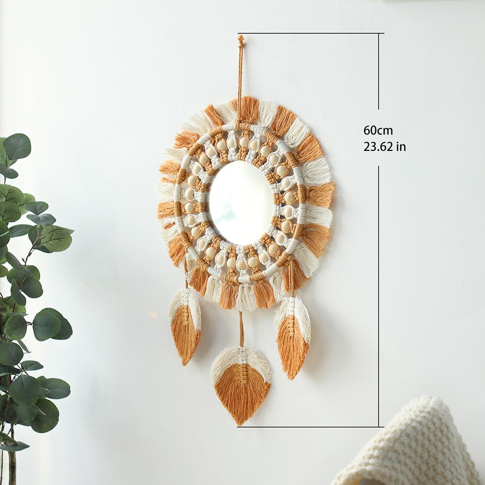 Macrame Fringe Decorative Mirror Round Wall Mirrors Ornament for Decoration Home Bedroom Apartment Living Room Christmas Gift
