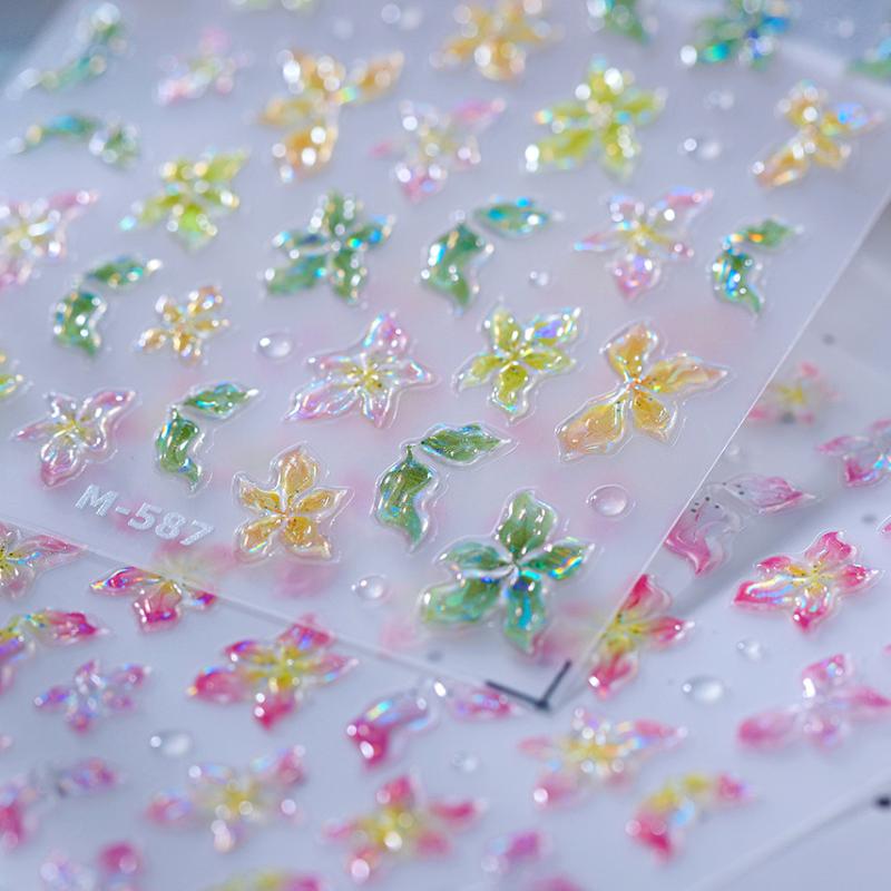 Yellow Green Pink Gradient Polarized Lilies Semi Translucent Jelly 3D Self Adhesive Nail Art Stickers Flowers Manicure Decals