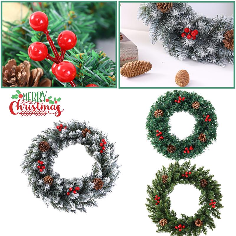 118236in Christmas Wreath Snowy Red Ribbon Berries Pine Cone Decor Xmas Gift