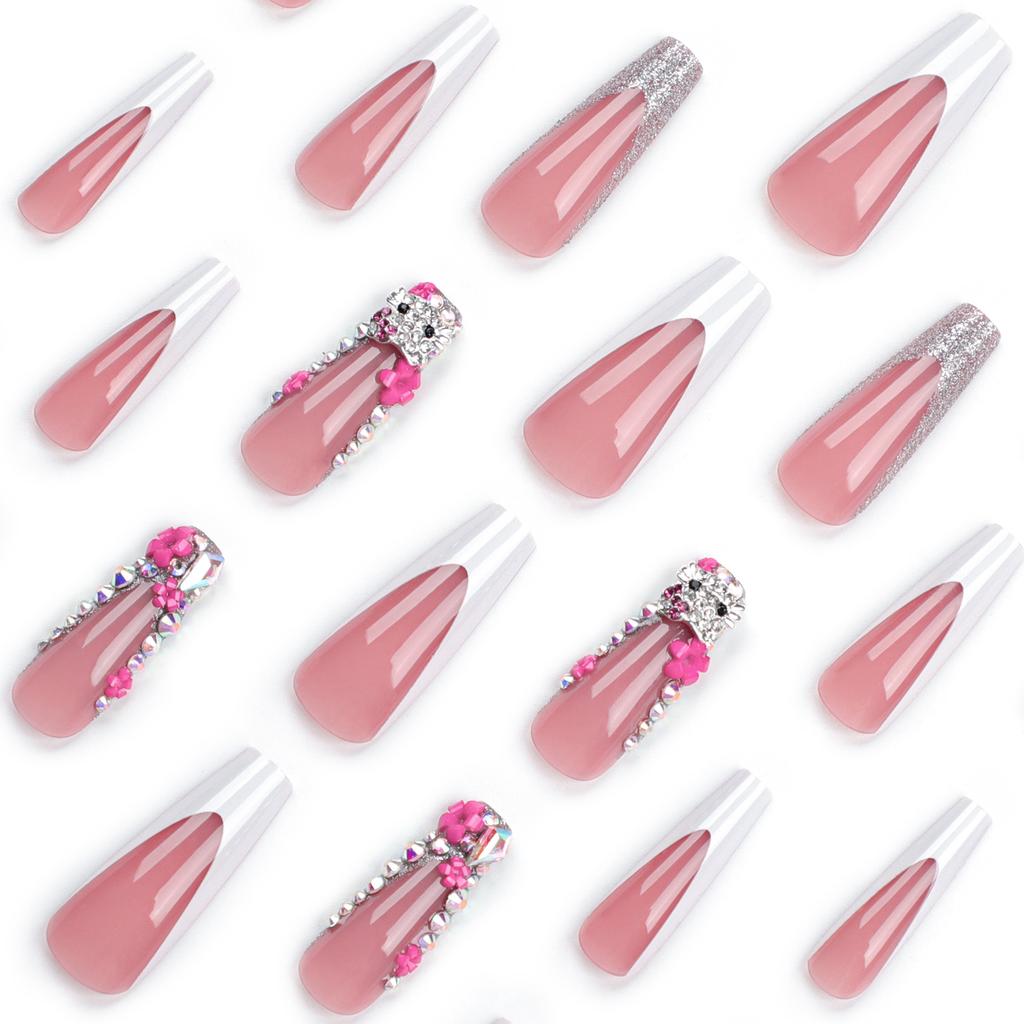 24 Pieces French White Edge Manicure Nail Patch European and American Flash Diamond Wearing Nail Nail Piece Nail Piece Long Nail Piece