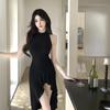 Black Ruffle Edge Irregular Suspender Skirt Summer Off-the-shoulder Temperament Slim and Thin Split Hip Fish Tail Medium and Long Skirt