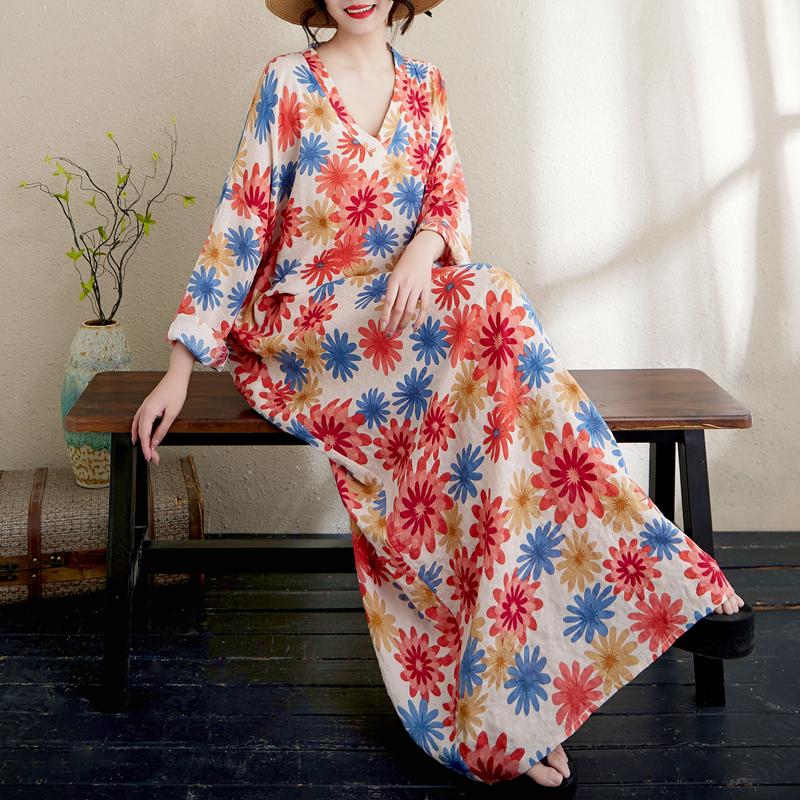 

Dimanaf 2025 Летнее платье больших размеров, базовое женское повседневное свободное платье с длинным рукавом и принтом, винтажное новое платье большого размера макси One Size красный