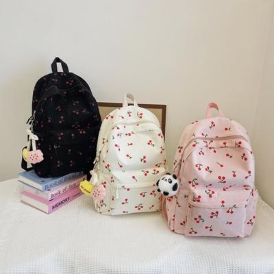Corduroy Backpack Cherry Pattern Women Travel Daypack Adjustable Strap Laptop Backpack Zipper for Work Shopping School Mochilas