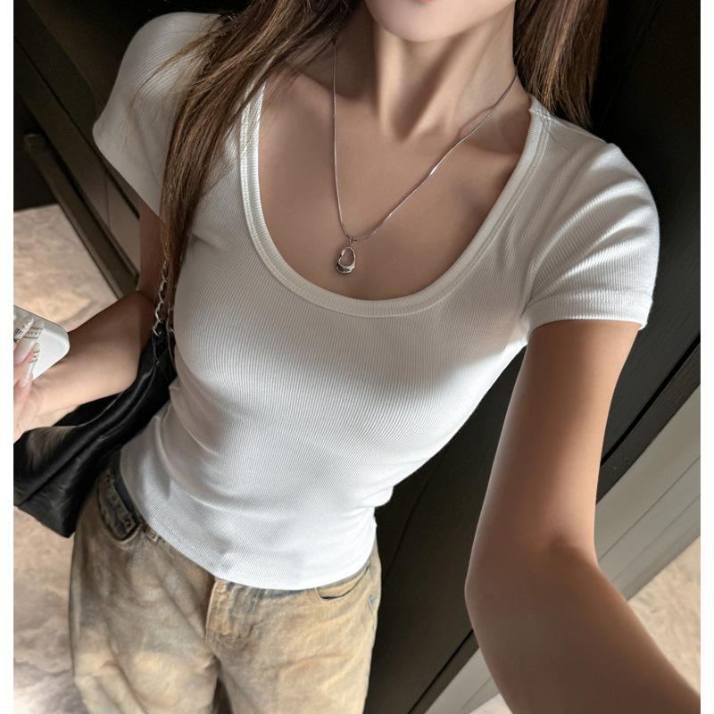 Modal low u-neck threaded front shoulder short-sleeved women's t-shirt summer women's clothing high-end Korean Spice Girl bottoming slim top