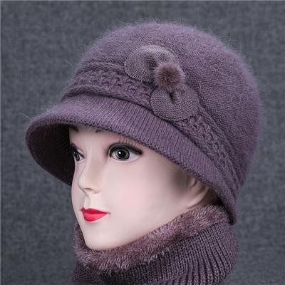 Autumn Winter Middle-aged Elderly Women's Basin Hats Grandmother's Knitted Woolen Hats Elderly Hats Rabbit Hair Flower Hats Mother's Hats Scarves