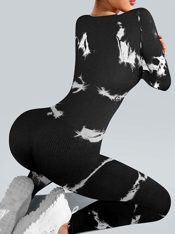 European & American Black & White Tie-Dye Stretch Yoga Jumpsuit - Long, Tight-Fit, Women's All-in-One