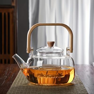 32.12oz Tea Water Separation Glass Teapot With Bamboo Handle Heat Resistant Borosilicate Glass Tea Kettle With Tea Strainer Clear Glass Teapot