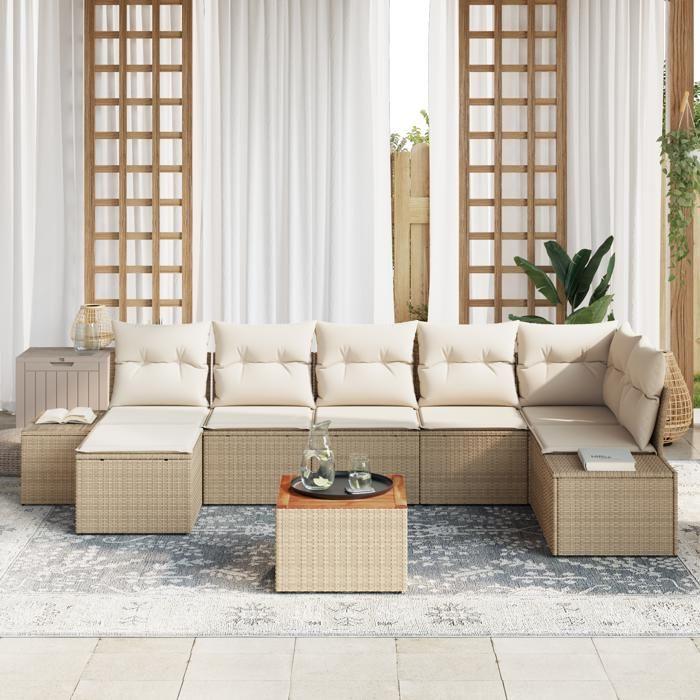 VidaXL Ensemble de canapé de jardin 8 pièces avec coussins en poly rotin beige et acacia 3347988