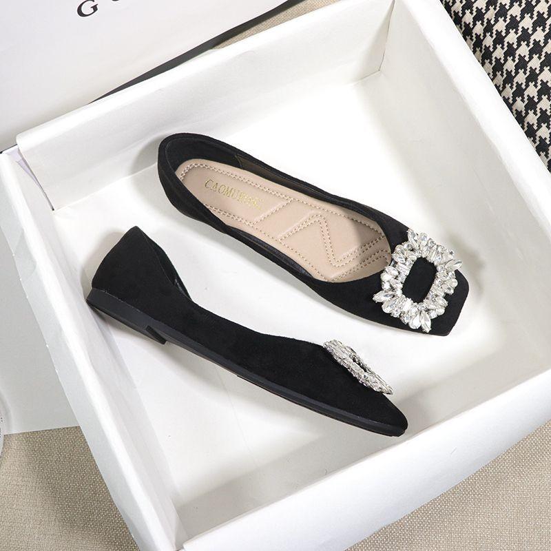 Fashion Flat Shoes Women 2025 New Spring Autumn Square Toe French  Black Shallow Mouth Square Buckle Ladies Shoes Big Size 41 42 43