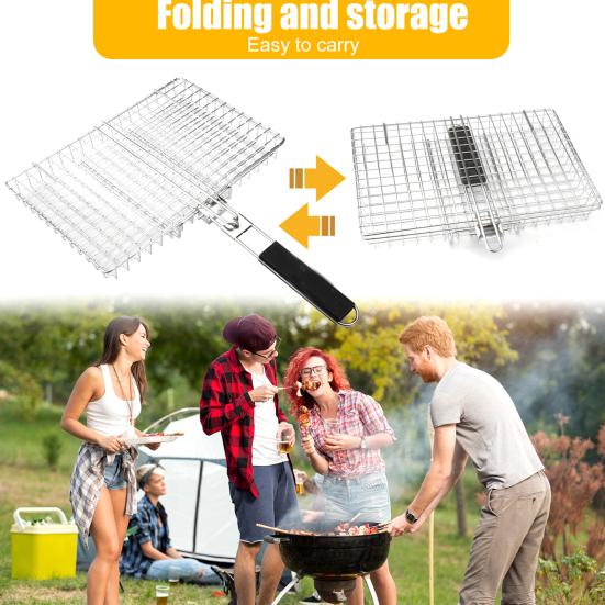 Nesting Grill Basket Foldable BBQ Grilling Basket with Removable Handle Stainless Steel Outdoor Cooking Camping Accessories