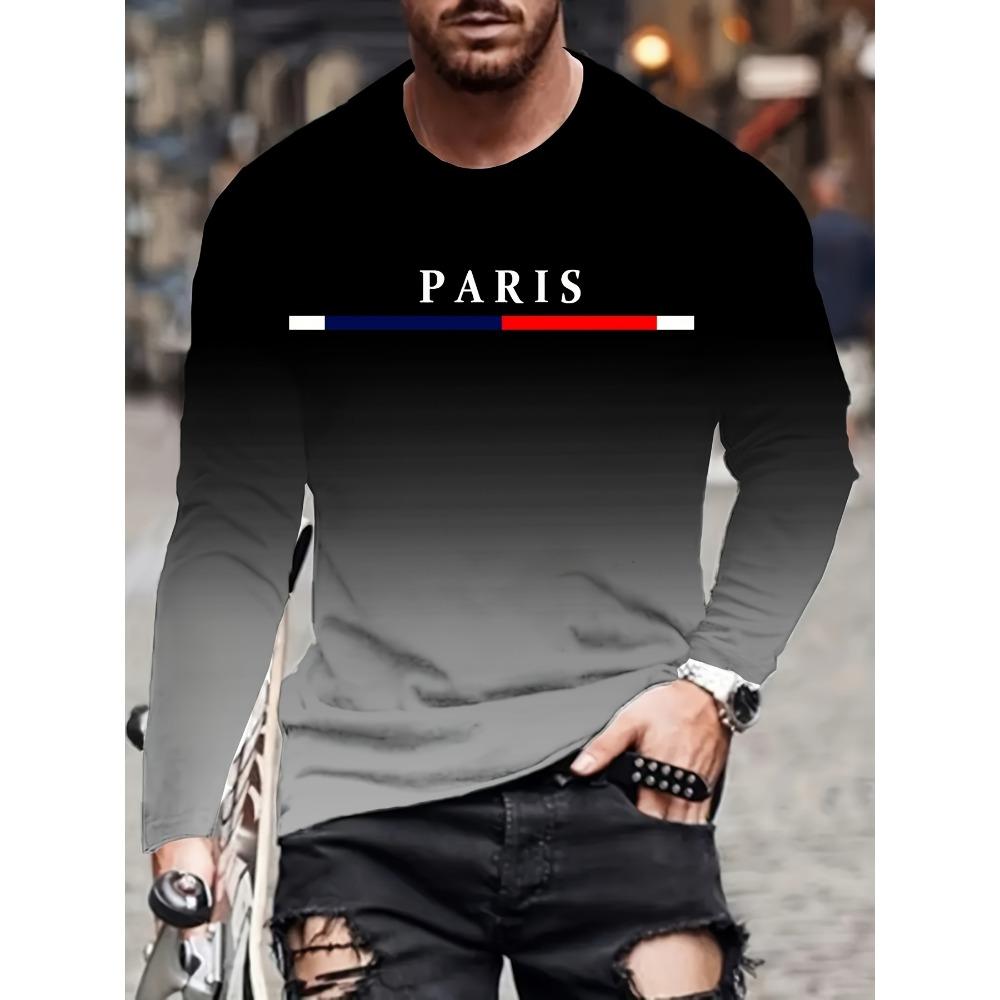 Men's color blocked gradient men's long sleeved round neck T-shirt, casual and comfortable T-shirt