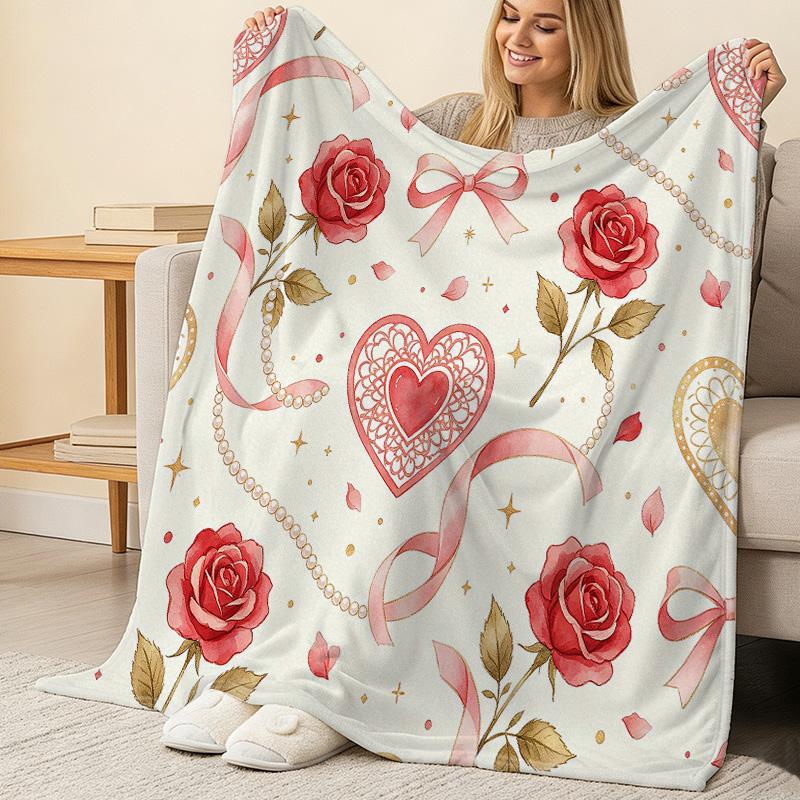 Lightweight Floral Heart Flannel Throw Blanket Super Soft, Skin-friendly, Cozy Warm Blanket for Home Relax, Perfect Valentine's Day Gift