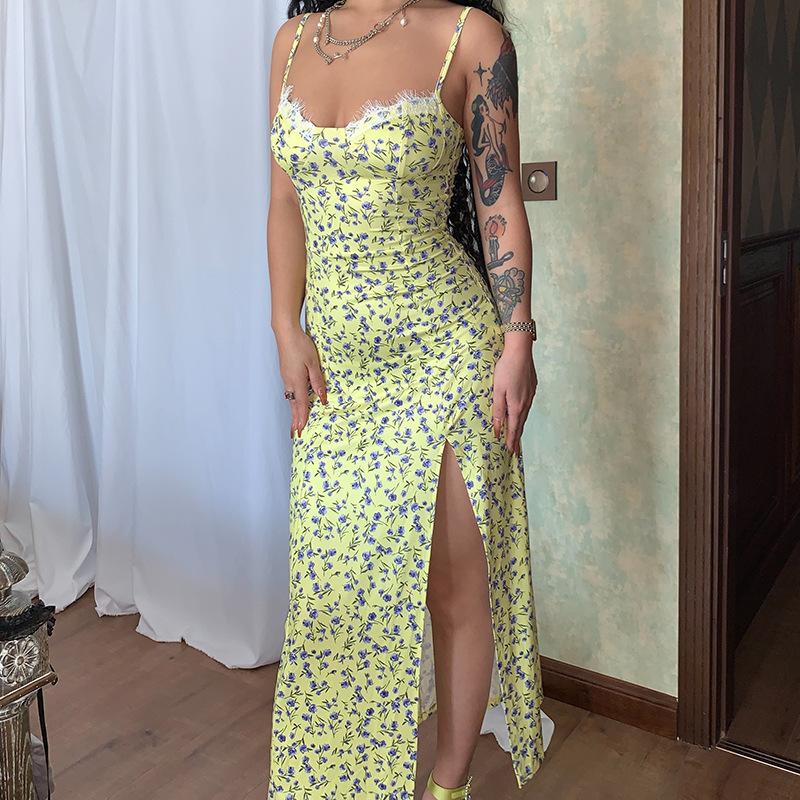 Spring Women's Clothing New Fashion Small Floral Print Slit Suspender Dress for Women