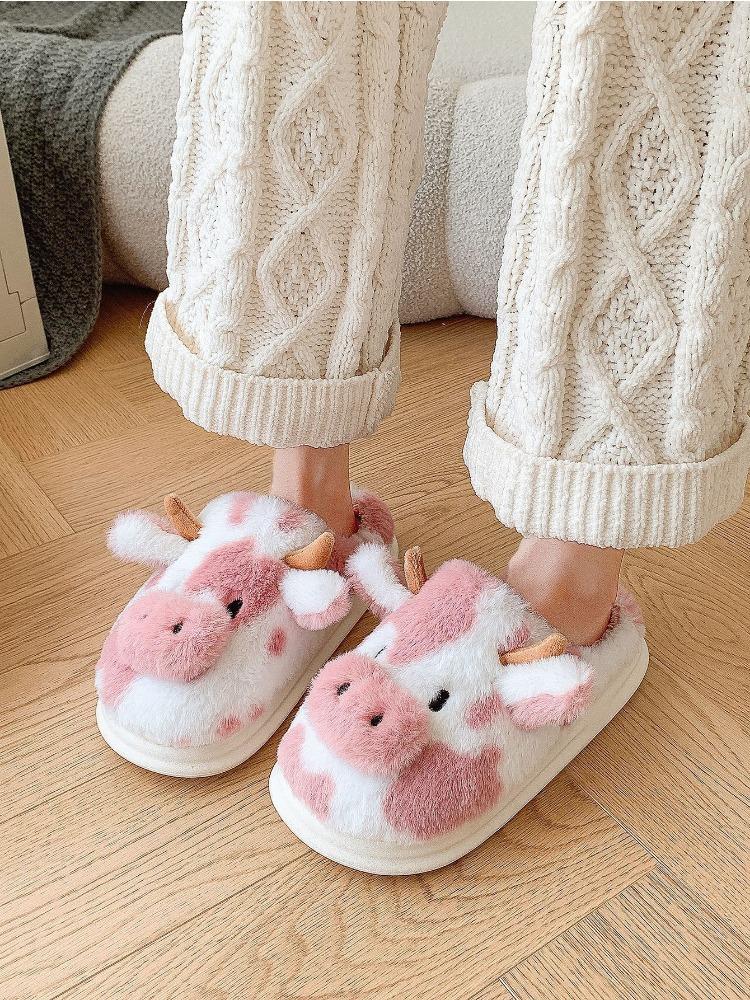 Spotted Dairy Cow Indoor Household Plush Slippers, Home Cotton Slippers, Warm Thick Soled Plush Slippers
