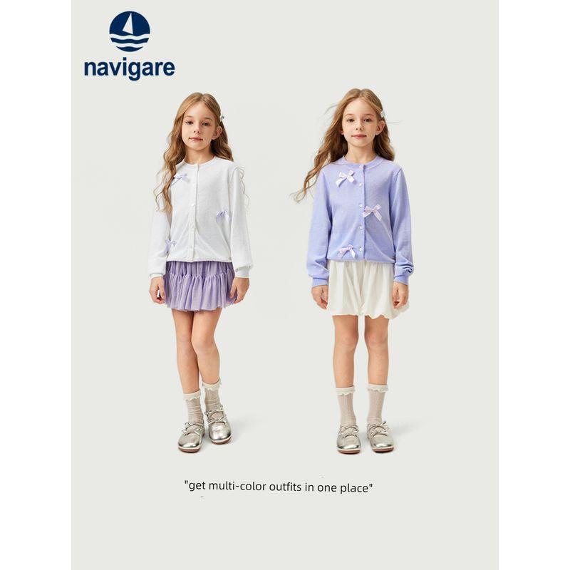 Navigare Italian Small Sailboat Children's Knitted Cardigan Sweater Spring Girls' White Jacket with Bow Top