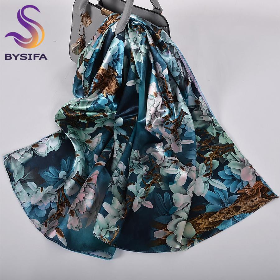 [BYSIFA] Fall New Silk Scarf Hijab Printed Elegant Green Plum Blossom Satin Long Scarves Shawls Winter Women Accessories Wraps