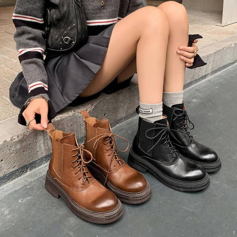 New women's leather boots medium heel large size women's boots lace-up medium heel leather Martin boots autumn and winter cowhide low boots women