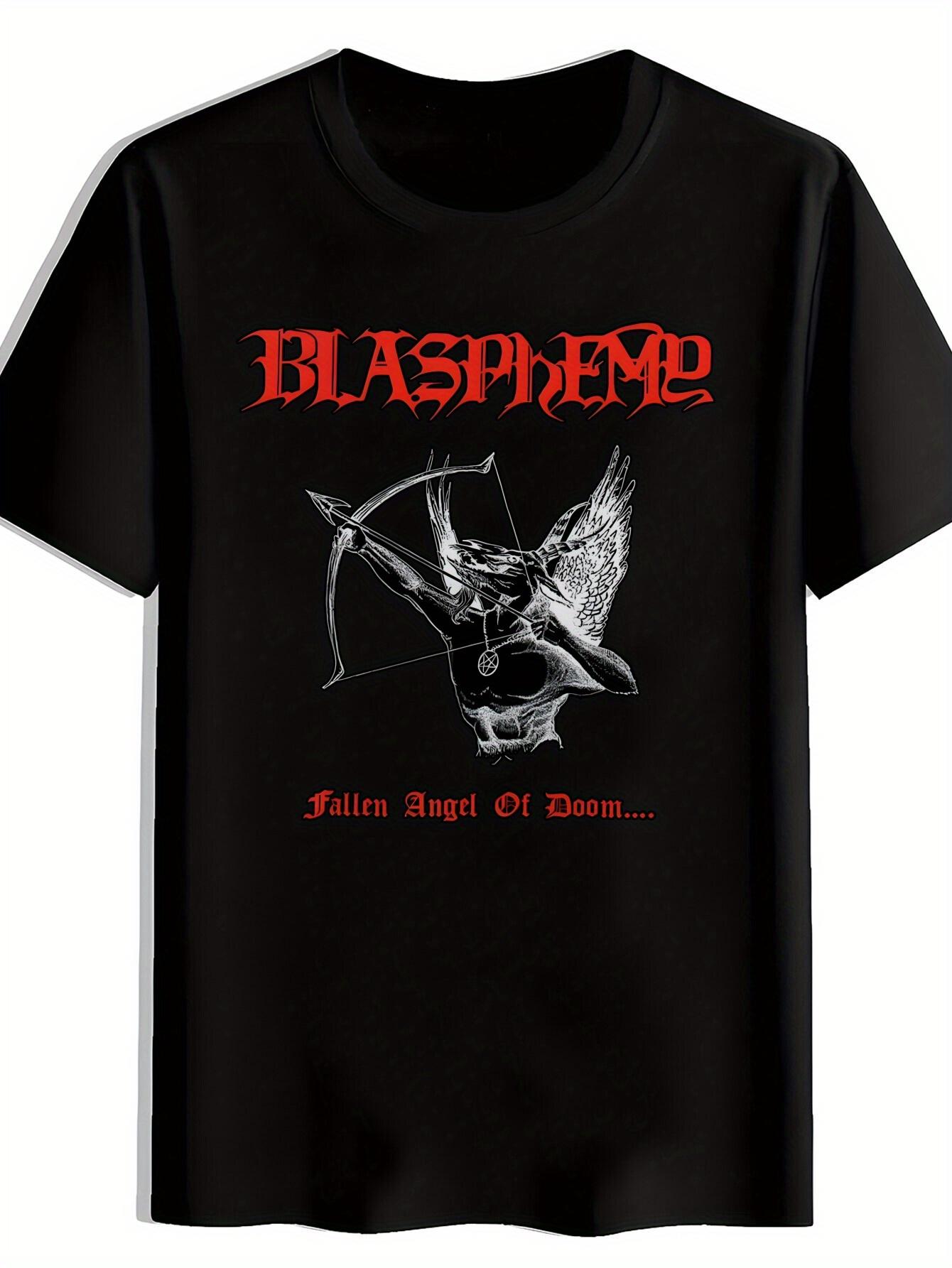 Vintage Heavy Metal Band Graphic T-shirt - Black Retro Rock Tee with Blasphemp & Fallen Angel of Doom Print L