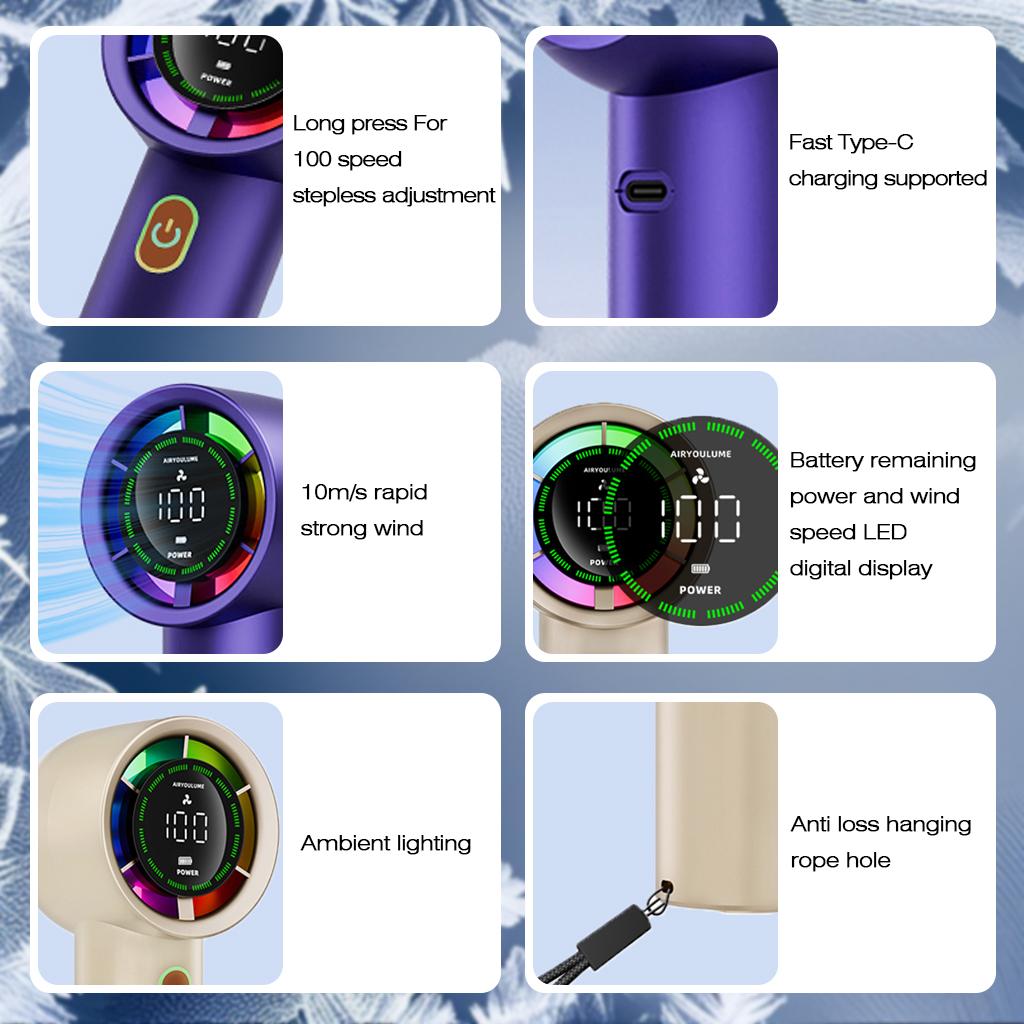 Handheld Fan 3000mAh Battery Personal Digital Display USB Rechargeable for Travel Outdoor School Gift