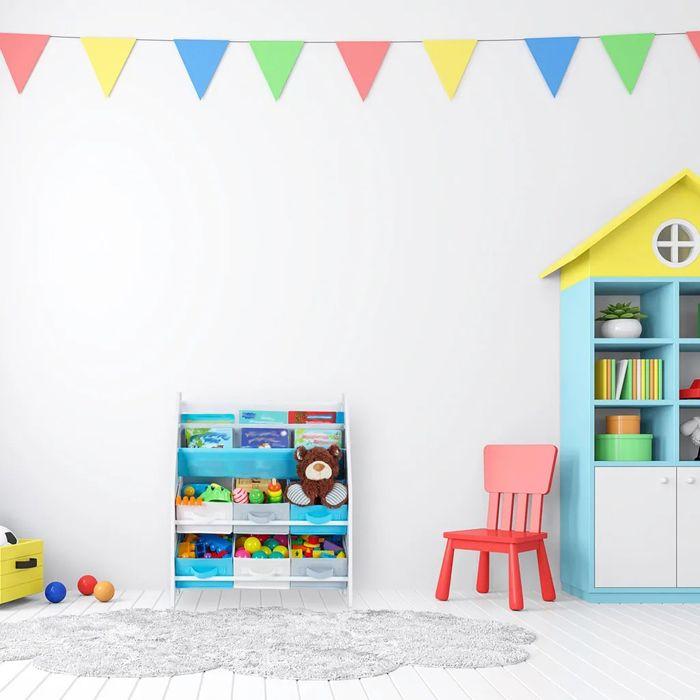GINGER HOME – Organiseur enfant 3 porte-livres + 6 bacs, meuble de rangement jouets, bois & tissu, motif Forêt, 62,3×26,5×74 cm