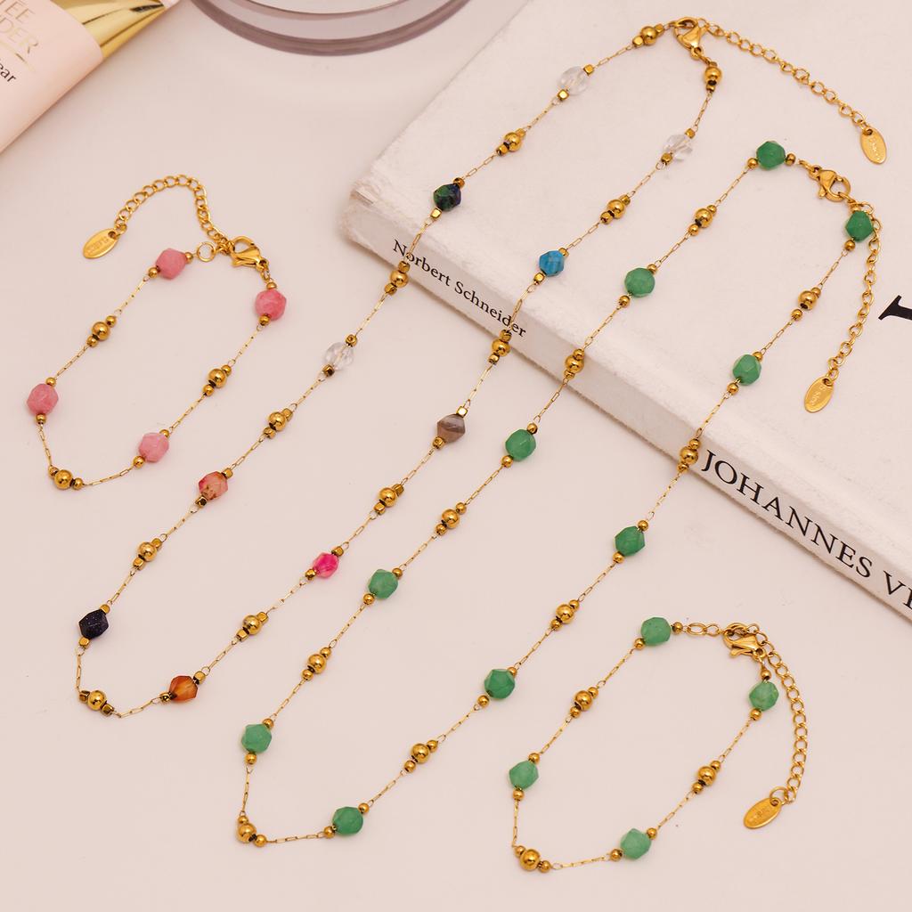 Bohemian 316 Stainless Steel Gold-Plated Ball Beaded Necklace Pink Green Natural Stone Chain Bracelet Set Women's Summer Zircon