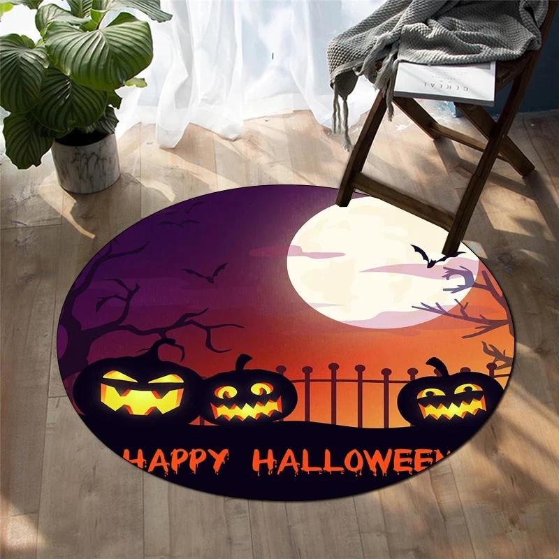 Happy Halloween Round Carpet Castle Bat Print Area Rug for Living Room Bedroom Chair Non Slip Horror Theme Floor Mats Yoga Mat