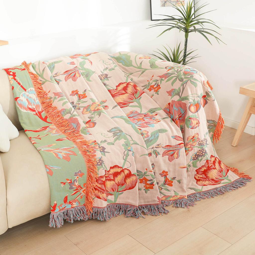 Floral Throw Blanket, For Sofa Bed, Bedspread, Slipcover, Multifunction, 4-Layer Gauze Cotton, High Quality, 200*230Cm