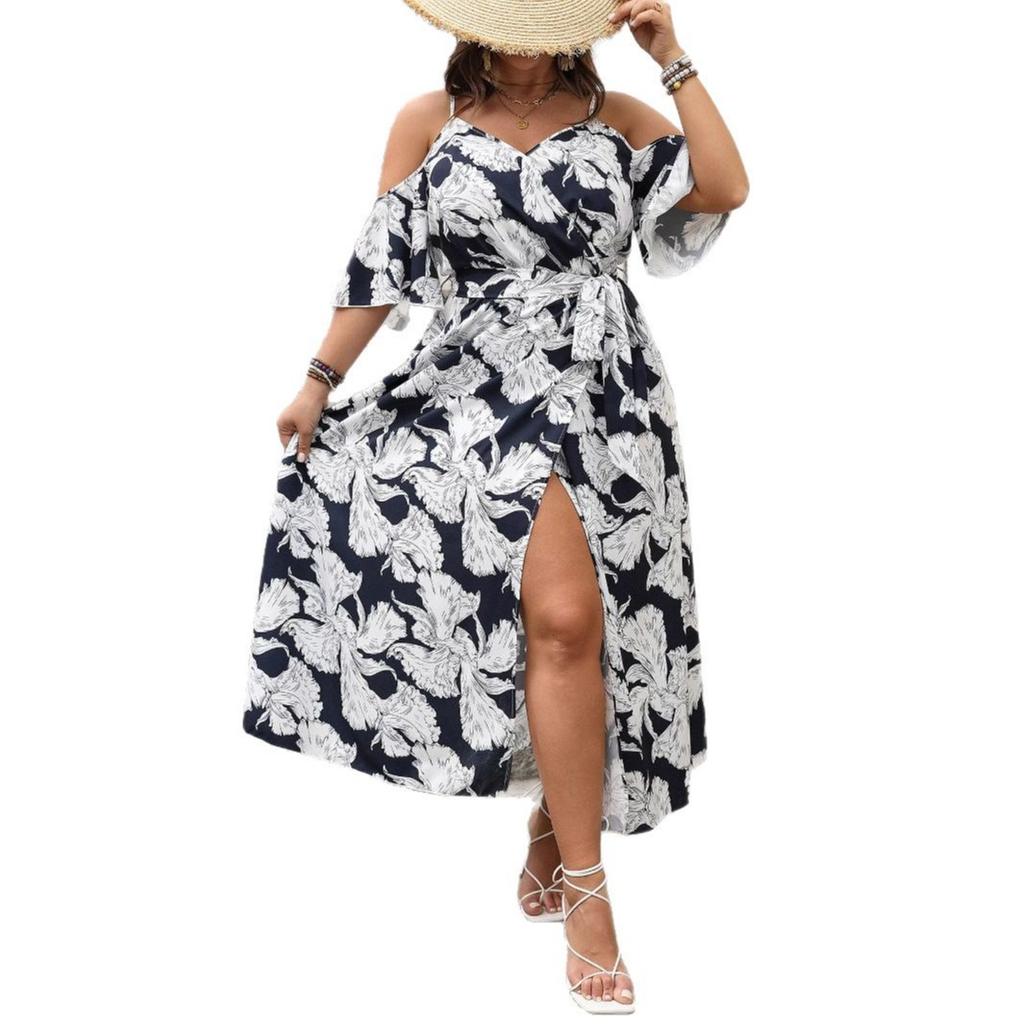 Independent research and development design, spring and summer new printing vacation style dress, suspender split skirt