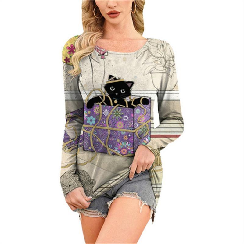 Модная удобная универсальная женская футболка с принтом мультяшного кота с круглым вырезом — фото 13