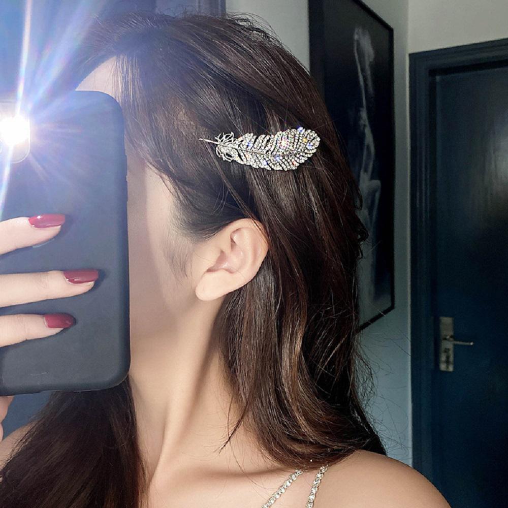 Girls Large Bb Clip Rhinestone Women Barrette Feather Hair Clips Crystal Hairpins Hair Side Clip