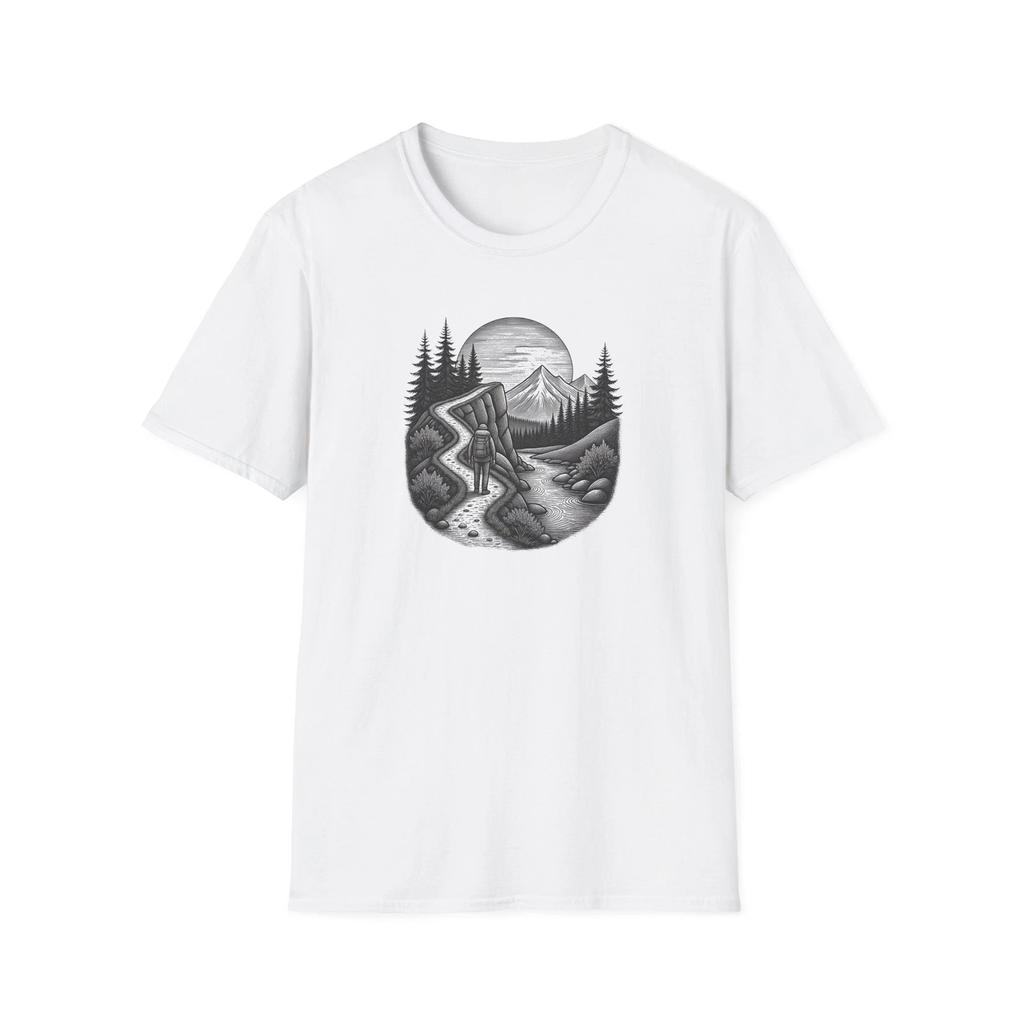 Mountain Road Etched Illustration T-Shirt | Scenic Forest Landscape