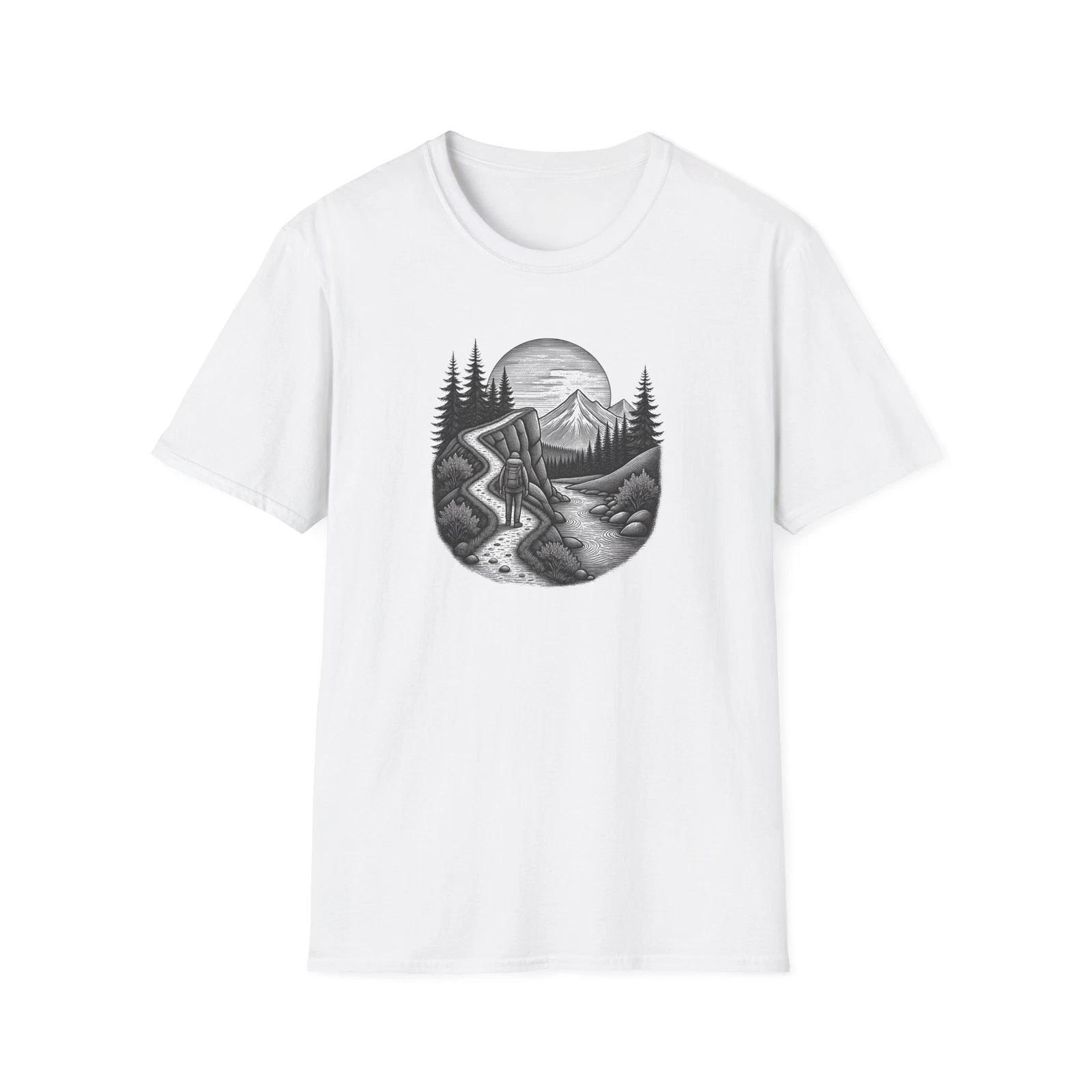 Mountain Road Etched Illustration T-Shirt | Scenic Forest Landscape 3XL