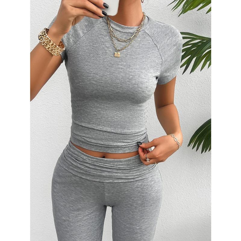 Summer casual solid color slim short-sleeved trousers set