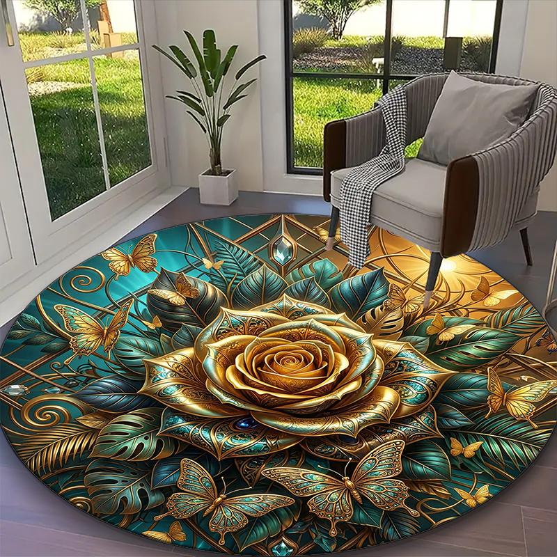 1pc Office Printed Round Carpet, Elegant Crimson Rose Petal Rug, Home Sofa Chair Mat For Christmas and Halloween Décor