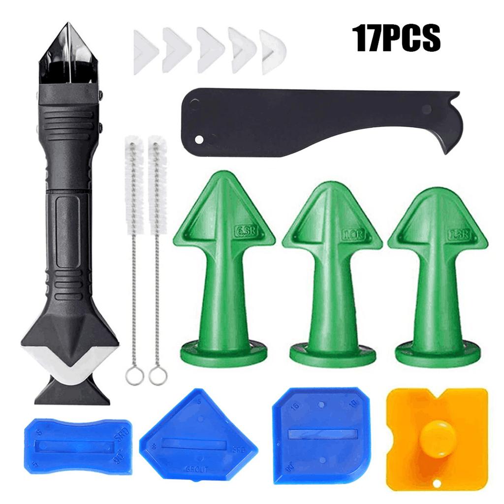 17 PCS Caulk Remover Tools 3 In 1 Metal Scraper with 6 Silicone Pads Grout Angle Scrapers Caulking