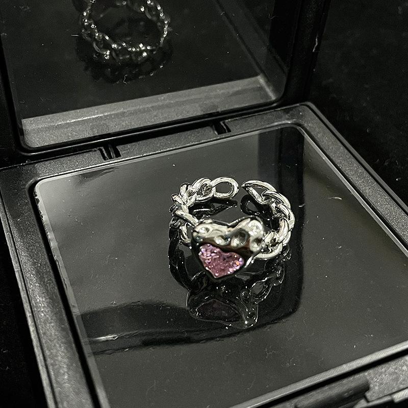 Niche Design Pink Zircon Love Necklace Sweet Cool Wind Stud Earrings High Sense Cold Wind Opening Ring Women